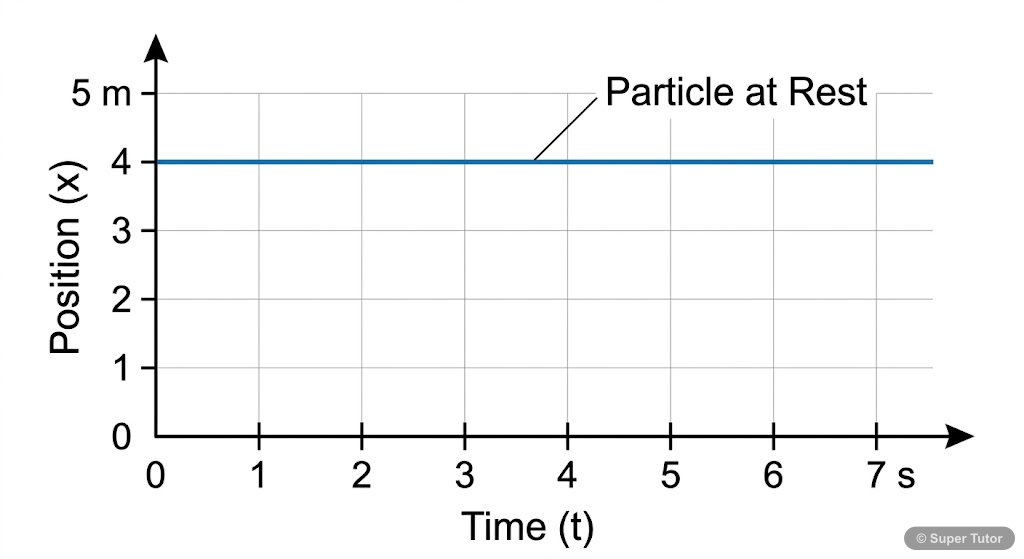 A position-time (x-t) graph showing a horizontal line, representing a particle that is at rest (zero velocity) over a period of time.