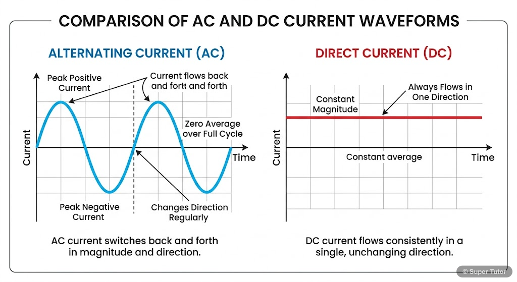 A comparison of Alternating Current (AC) and Direct Current (DC) waveforms, showing AC as a sinusoidal wave changing direction and magnitude, and DC as a constant, unidirectional line.