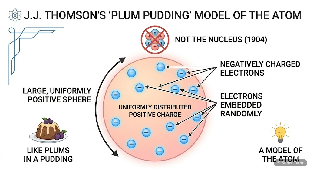 Thomson's Plum Pudding Model An illustration of J.J. Thomson's atomic model, depicting a sphere of uniformly distributed positive charge with negatively charged electrons (like plums) embedded within it.