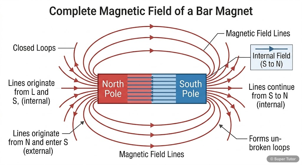 A labeled diagram illustrating the magnetic field lines around a bar magnet, showing their origin from the North pole, termination at the South pole, and forming continuous closed loops outside and in