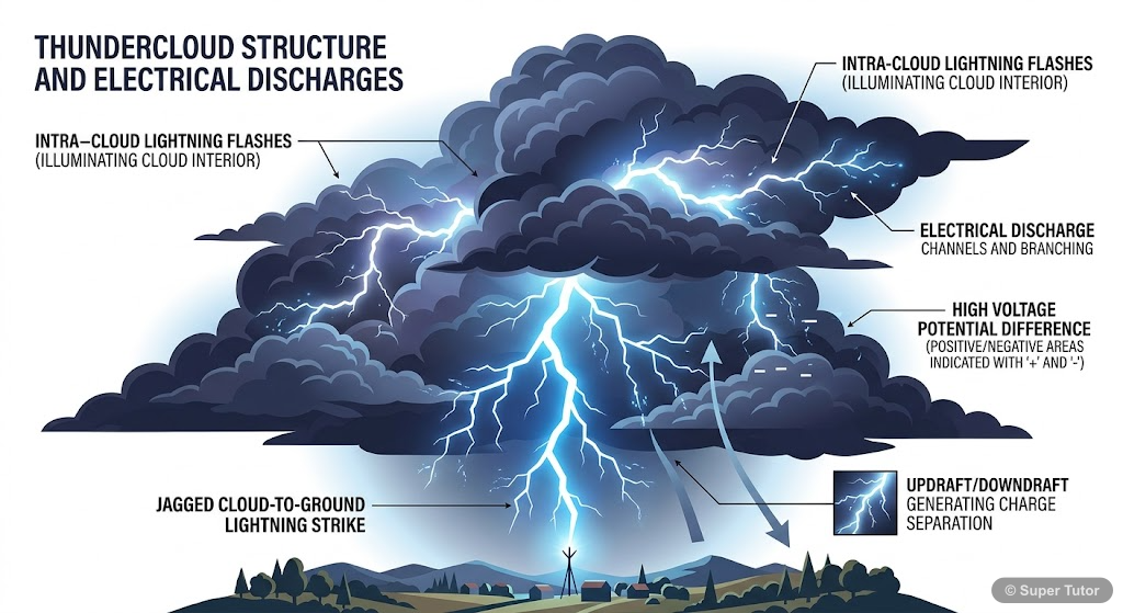 An illustration depicting lightning strikes between clouds and the ground, and also within clouds, to visualize electrical discharge.