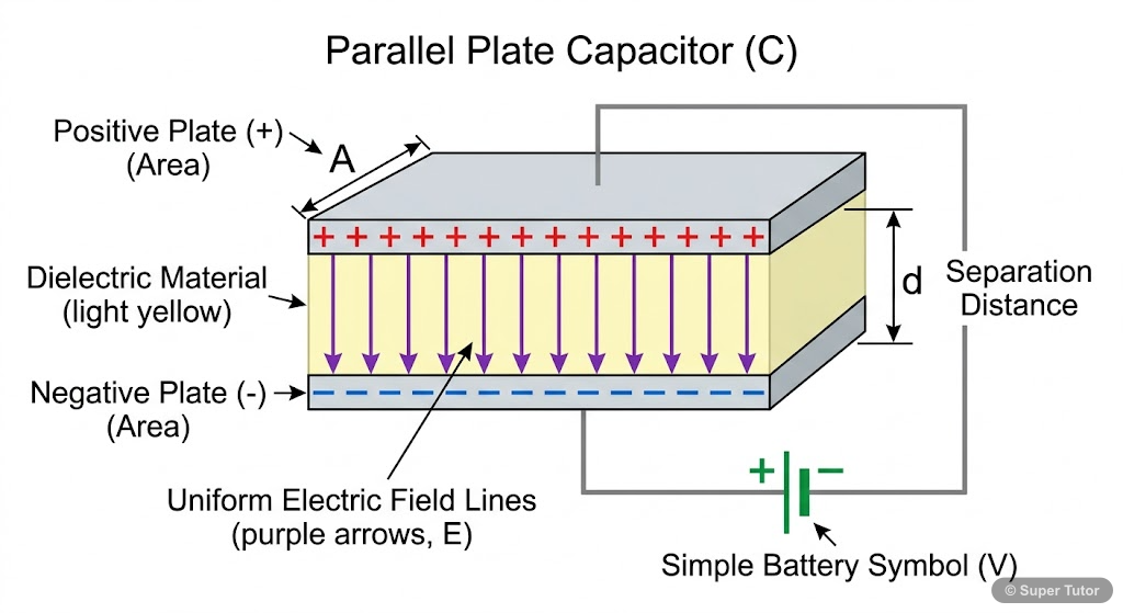 Structure of a Parallel Plate Capacitor A labeled diagram showing the basic structure of a parallel plate capacitor, including the conducting plates, dielectric medium, and connection to a voltage source.