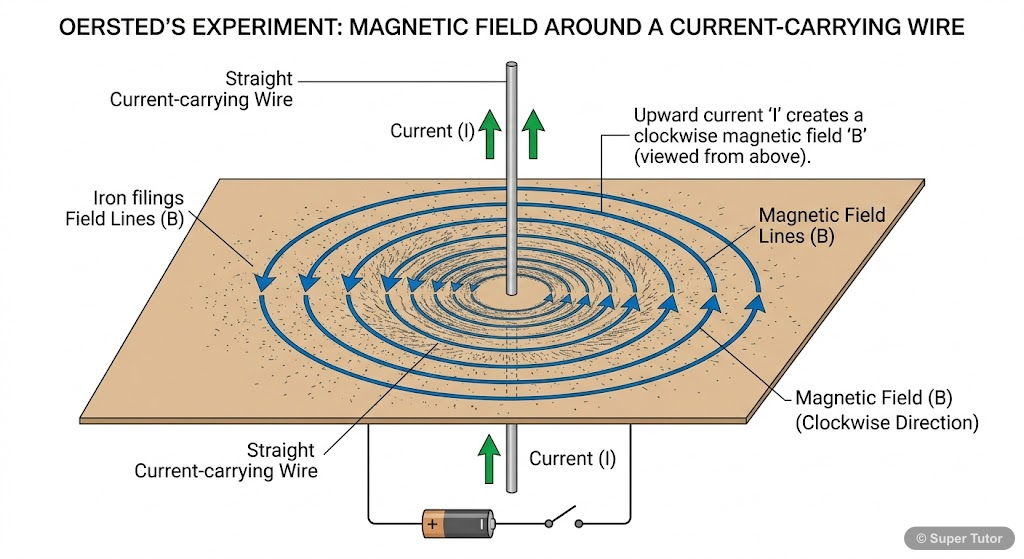 Illustrates Oersted's experiment showing iron filings arranging in concentric circles around a straight current-carrying wire, demonstrating the magnetic field produced by current.