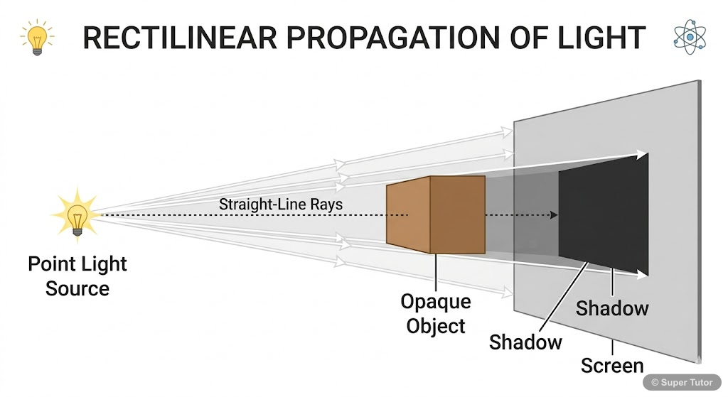 An illustration showing light traveling in straight lines from a point source, casting sharp shadows, demonstrating the principle of rectilinear propagation.