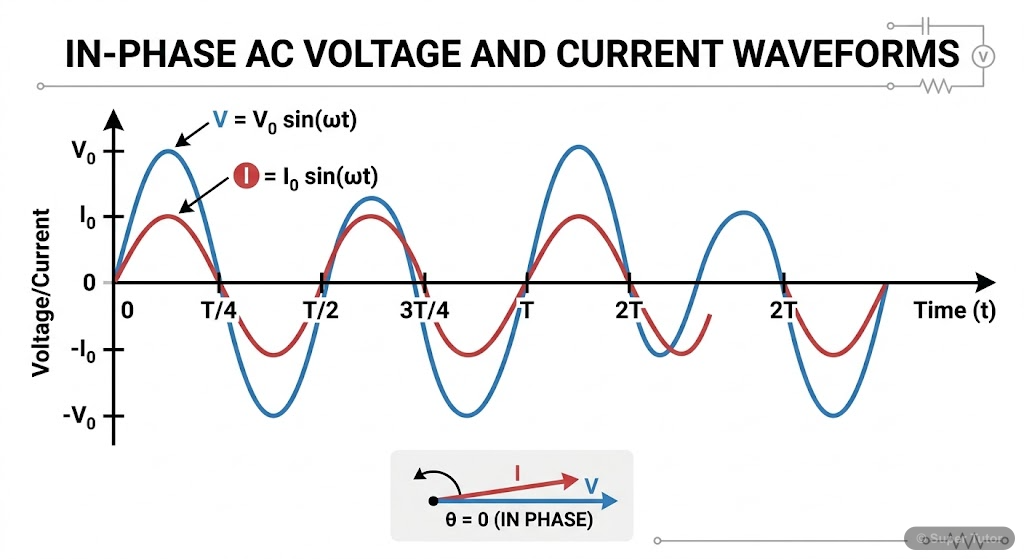 A graph showing the instantaneous voltage and current waveforms in a purely resistive AC circuit, demonstrating that they are in phase with each other.
