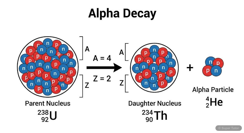 A step-by-step diagram illustrating alpha decay, where a heavy parent nucleus emits an alpha particle (Helium nucleus) and transforms into a lighter daughter nucleus.