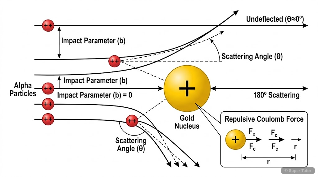 Alpha-Particle Trajectories in Rutherford Scattering A diagram illustrating various trajectories of alpha particles as they approach a gold nucleus, showing how the impact parameter determines the scattering angle, from undeflected paths to head-on coll