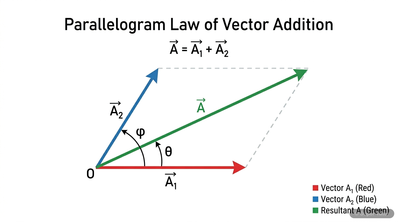 A vector diagram illustrating how two wave amplitudes (A1 and A2) with a phase difference (phi) are added vectorially to find the resultant amplitude (A) and its phase angle (theta).