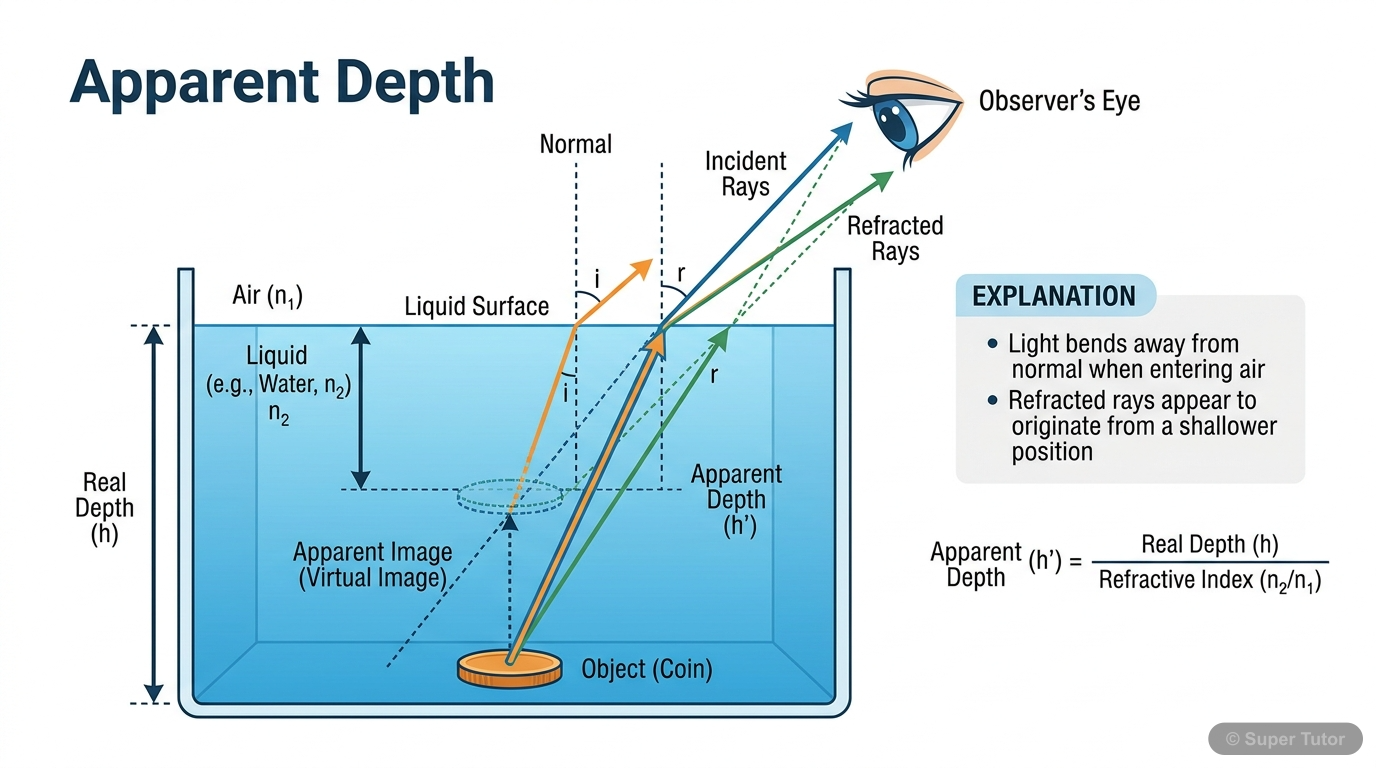 A diagram illustrating the concept of apparent depth, showing an object placed at the bottom of a liquid and how it appears to be at a shallower depth when viewed from above due to refraction.