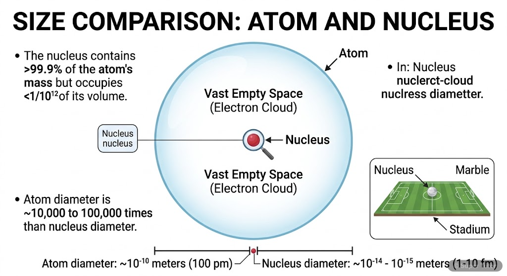 A diagram illustrating the vast difference in size between an atom and its nucleus, showing the nucleus as a tiny dot at the center of a much larger electron cloud.