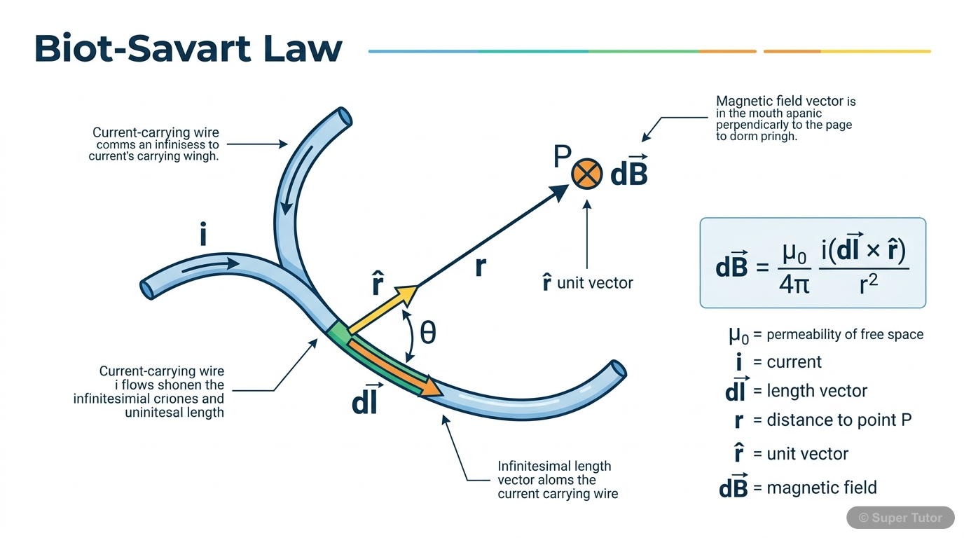 Biot-Savart Law: Magnetic Field from a Current Element Illustrates the setup for Biot-Savart Law, showing a current element (idl) and the resulting magnetic field (dB) at a point P, emphasizing the vector relationship.