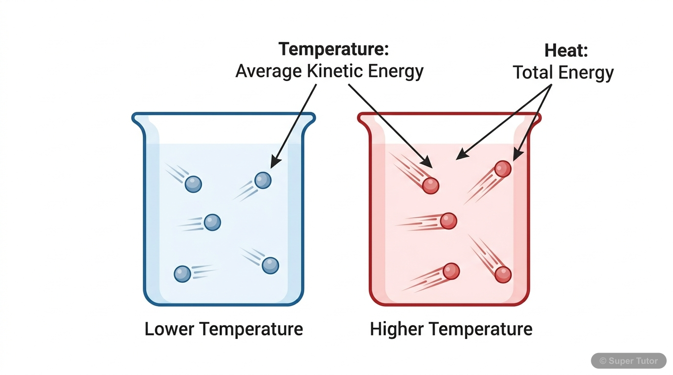 An illustration showing the difference between heat and temperature at a molecular level. One container shows molecules with low kinetic energy (low temperature, less heat), and another shows molecule