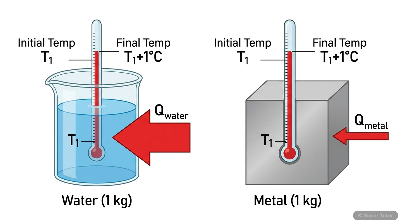 An infographic comparing two substances (e.g., water and metal) of equal mass, showing that different amounts of heat are required to raise their temperature by the same degree, highlighting the conce