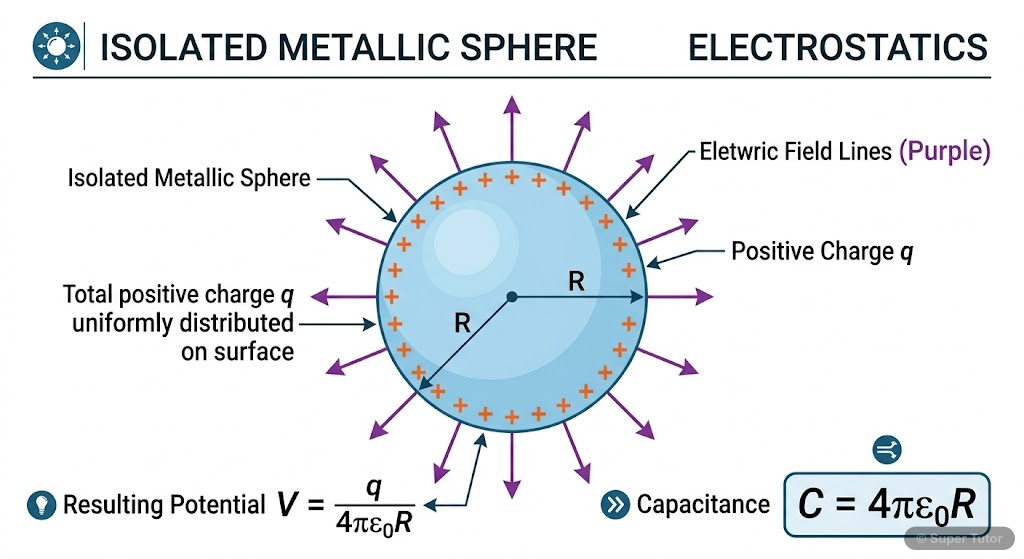 A diagram showing a single isolated spherical conductor with charge 'q' distributed uniformly on its surface, creating an electric potential 'V' and an electric field around it. Illustrates the concep