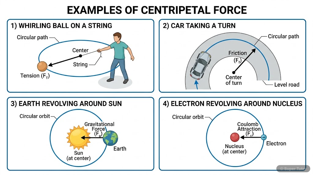 Centripetal Force in Different Situations An infographic illustrating various real-world examples where centripetal force is provided by different physical forces. Examples include tension in a string, friction on a level road, gravitational