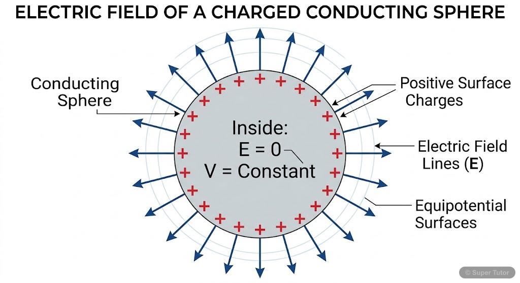 A diagram illustrating key electrostatic properties of a conductor: electric field is zero inside, potential is constant throughout, charge resides on the surface, and electric field lines are perpend