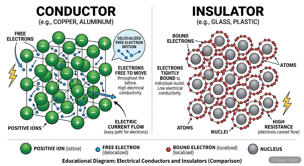 A comparison diagram illustrating the key difference between conductors and insulators at an atomic level, focusing on the availability and movement of free electrons.