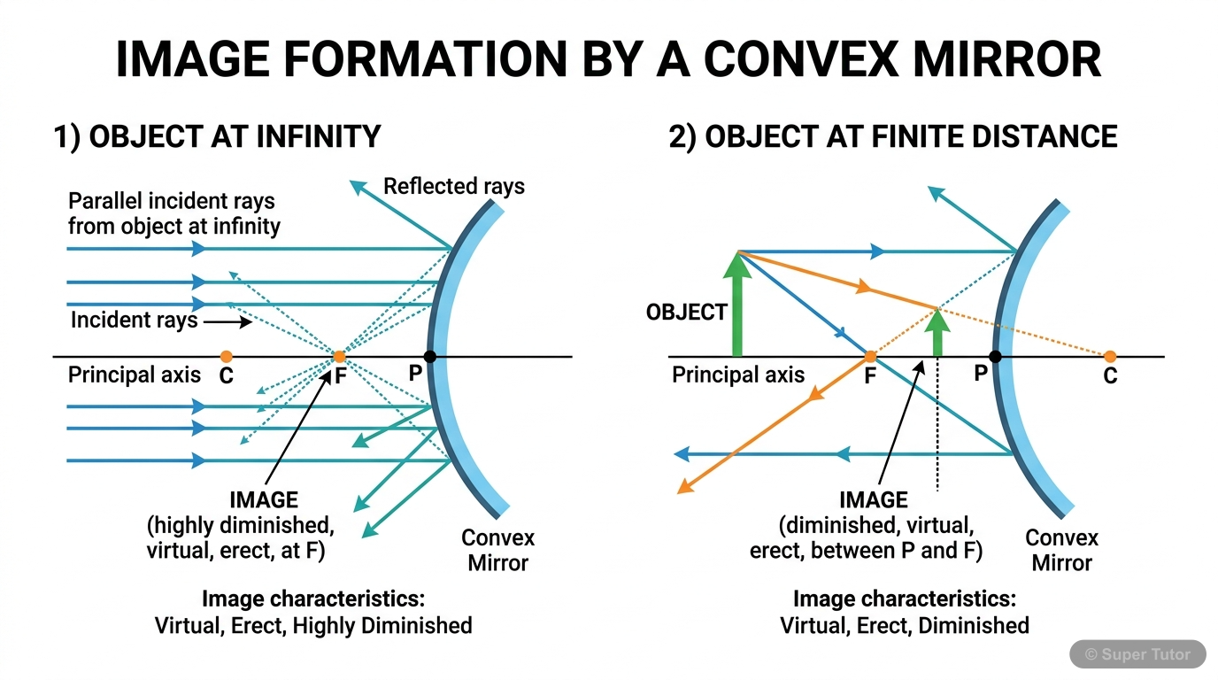 Ray diagrams showing image formation by a convex mirror for two object positions: at infinity and at a finite distance from the mirror. Each diagram should clearly show the object, mirror, principal a