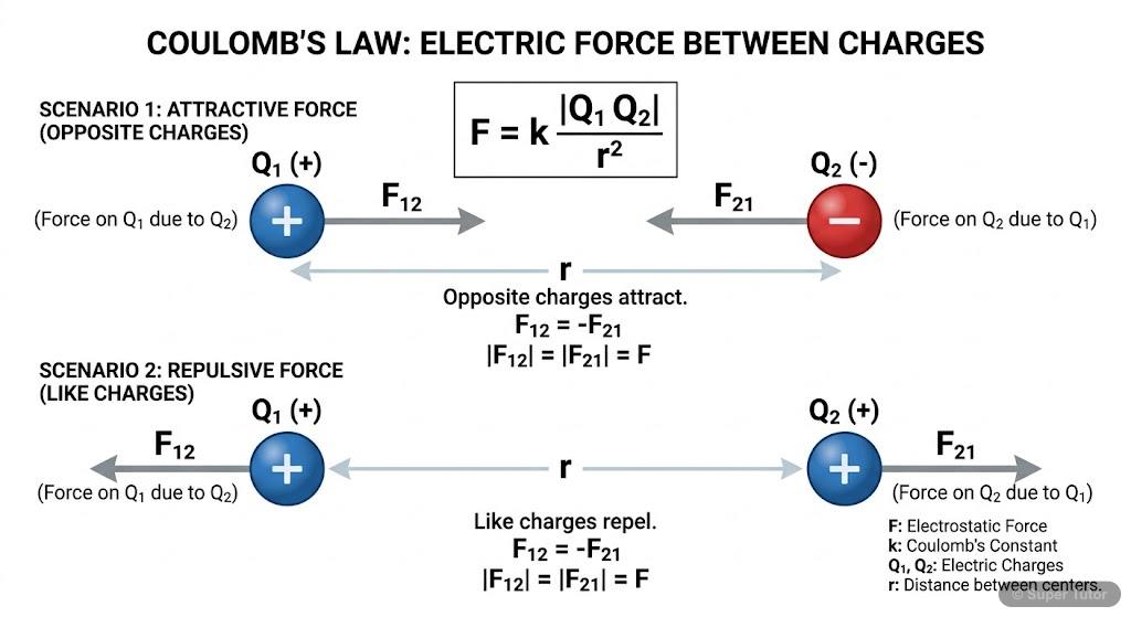 A labeled diagram illustrating Coulomb's Law, showing two point charges (one positive, one negative, or both positive) separated by a distance 'r', and the electrostatic forces acting on each charge. 
