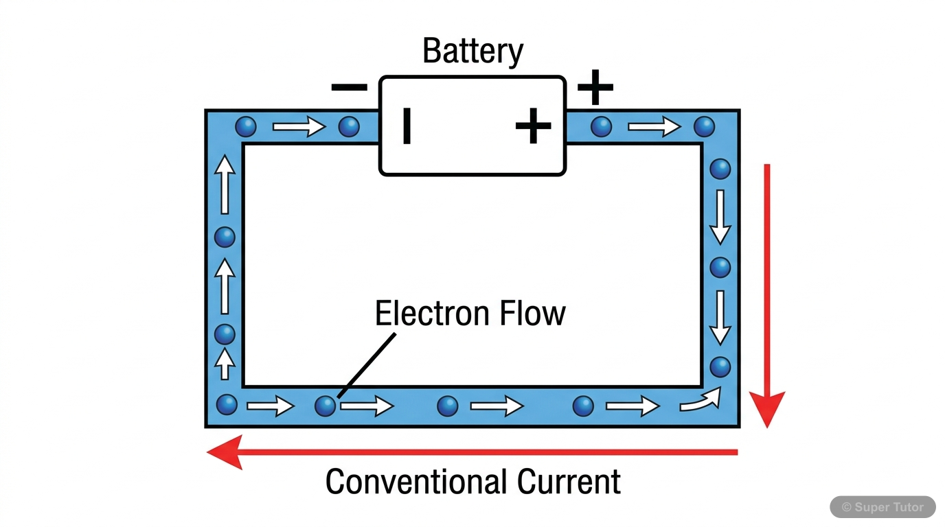 A diagram illustrating the internal mechanism of current flow in a conductor, showing the movement of free electrons from lower to higher potential (negative to positive terminal) and the conventional