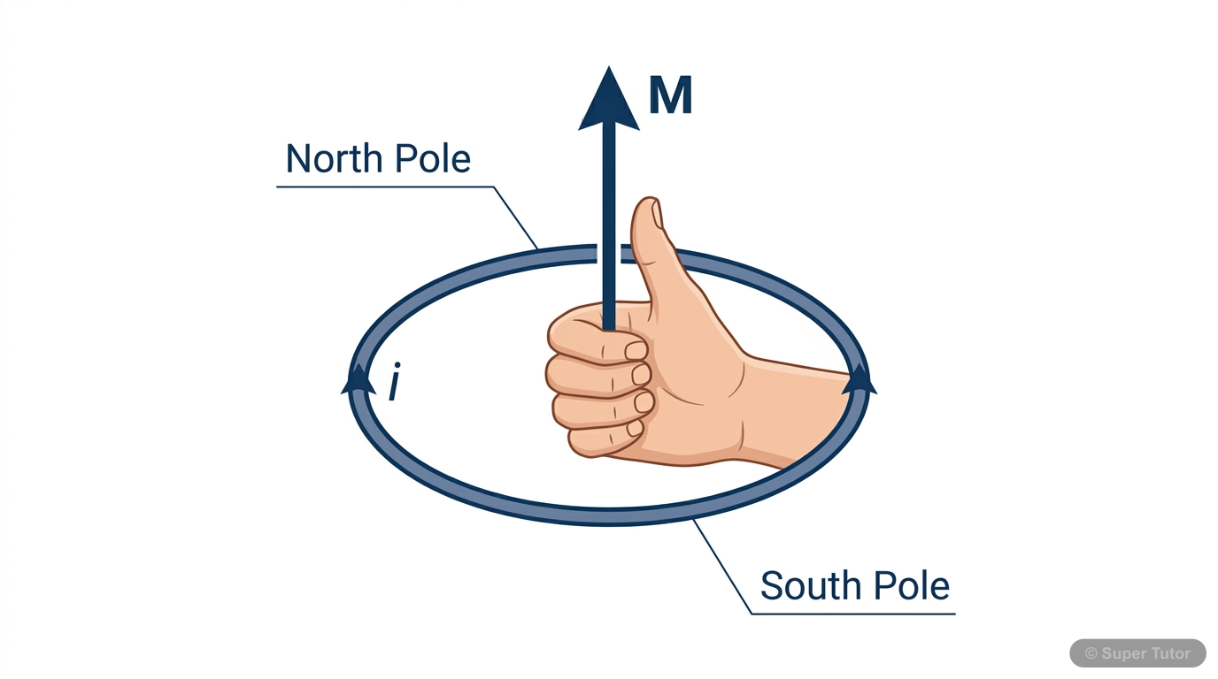 Illustrates a current-carrying loop behaving as a magnetic dipole with North and South poles, and the direction of its magnetic moment (M) using the Right Hand Rule.
