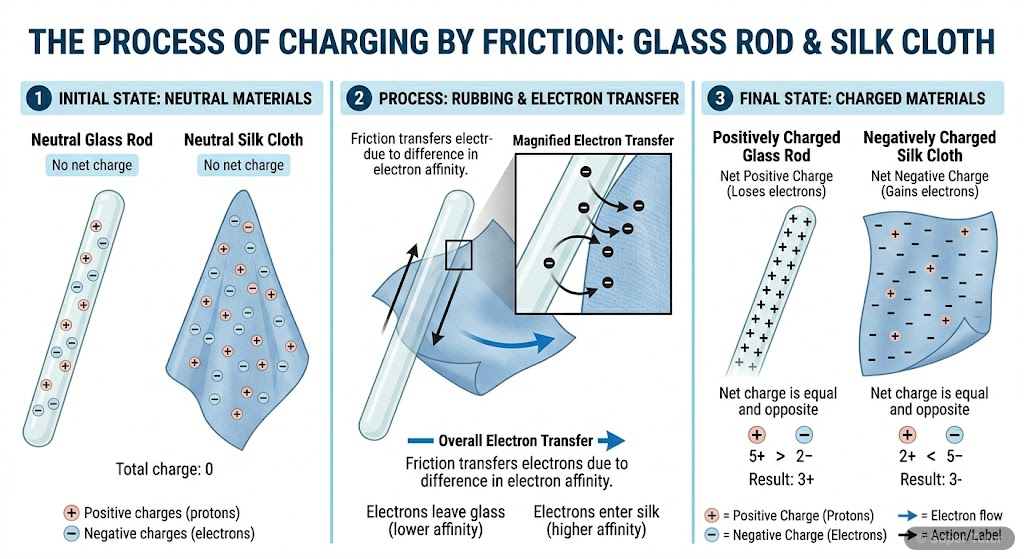 An illustration showing two neutral objects (e.g., a glass rod and a silk cloth, or a comb and hair) before rubbing, during rubbing with electron transfer, and after rubbing with resulting positive an