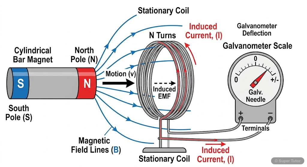 A diagram illustrating the basic principle of electromagnetic induction, showing a bar magnet moving relative to a coil of wire connected to a galvanometer, and the resulting deflection of the galvano
