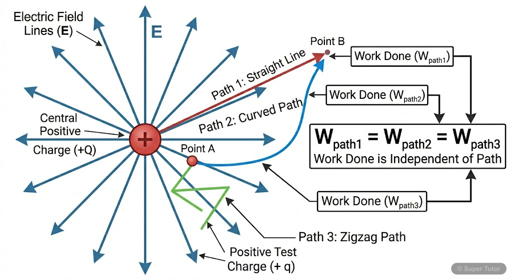 A diagram illustrating that the work done by an electrostatic force in moving a charge between two points is independent of the path taken. Show a positive point charge creating an electric field, and
