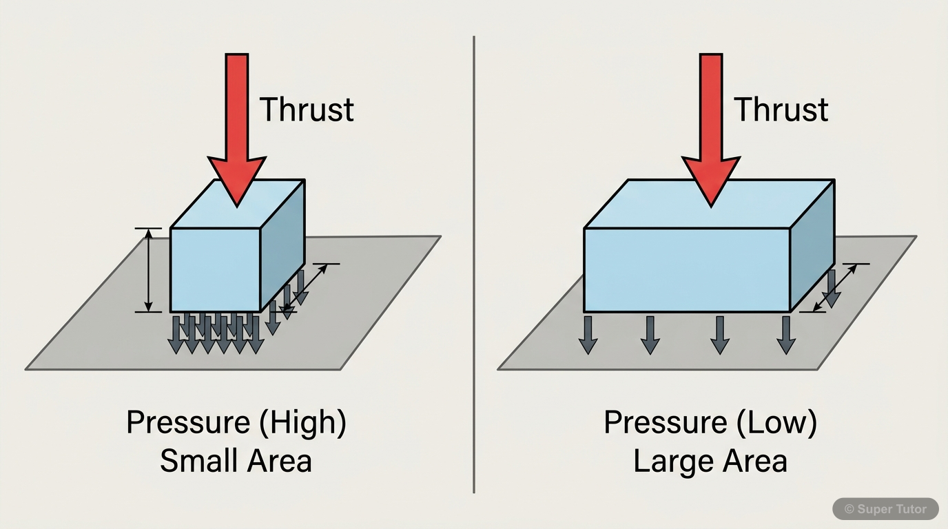 A diagram illustrating the difference between thrust and pressure using a block placed on a surface. Show the same block exerting the same thrust (its weight) but different pressures depending on the 