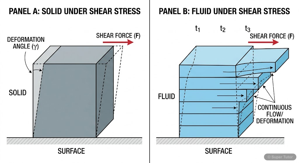 A comparative diagram showing how a solid deforms finitely under shear stress and a fluid deforms continuously (flows) under the same stress.