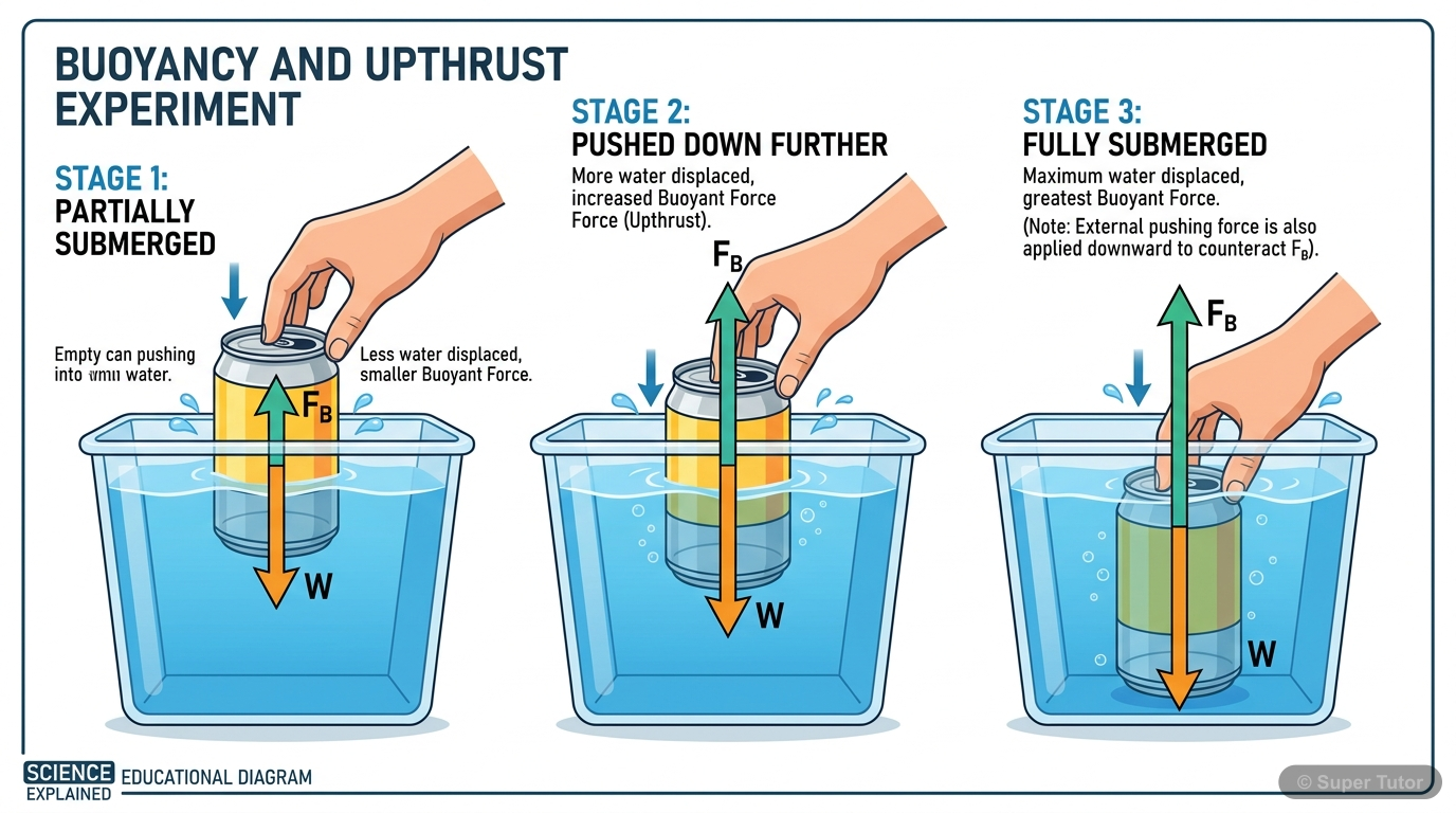 A diagram illustrating a body partially or wholly immersed in a fluid, showing the upward buoyant force (upthrust) acting on it, opposing its weight. Include an empty can being pushed into water as an