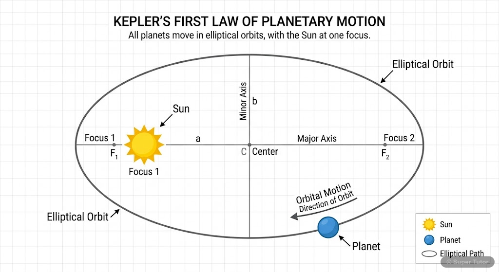 An illustration showing a planet orbiting the Sun in an elliptical path, with the Sun located at one of the foci of the ellipse. Labels indicate the Sun, the planet, and the elliptical orbit.