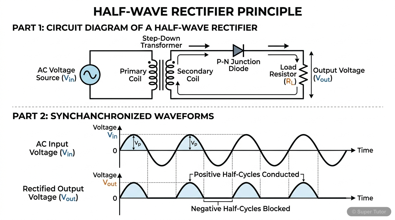 A circuit diagram of a half-wave rectifier, including an AC input source, a transformer, a p-n junction diode, and a load resistor. Below the circuit, show the input AC voltage waveform and the corres