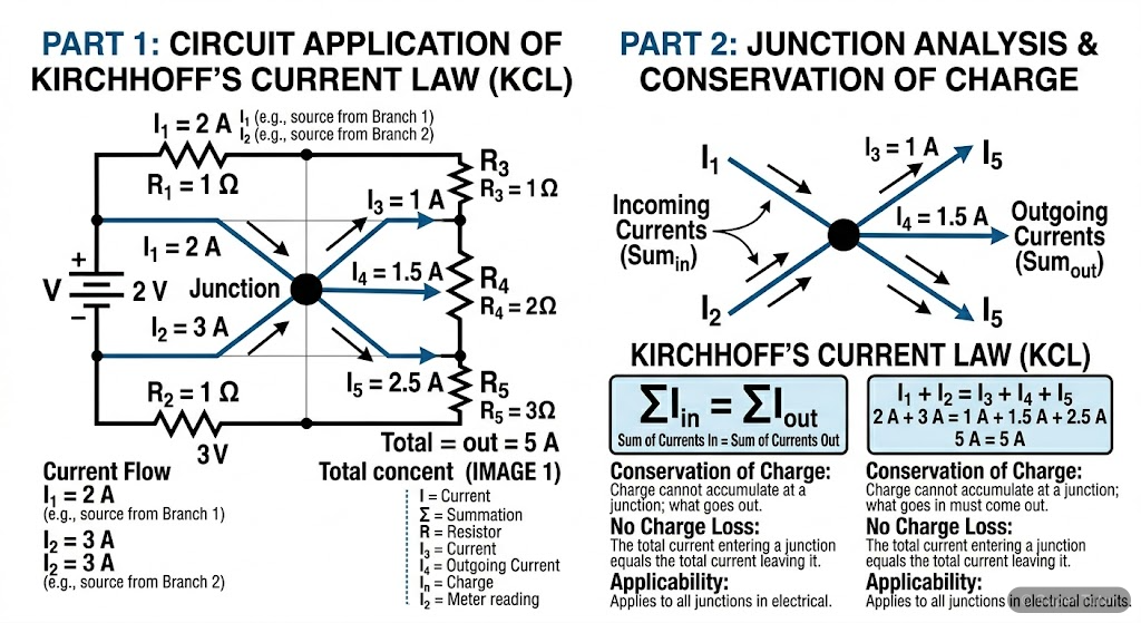 A diagram illustrating Kirchhoff's Junction Rule, showing multiple currents entering and leaving a junction point, emphasizing the conservation of charge.