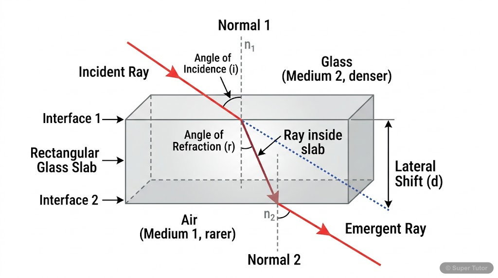 A labeled diagram showing a light ray incident on a rectangular glass slab, undergoing two refractions, and emerging parallel to the incident ray but laterally shifted.