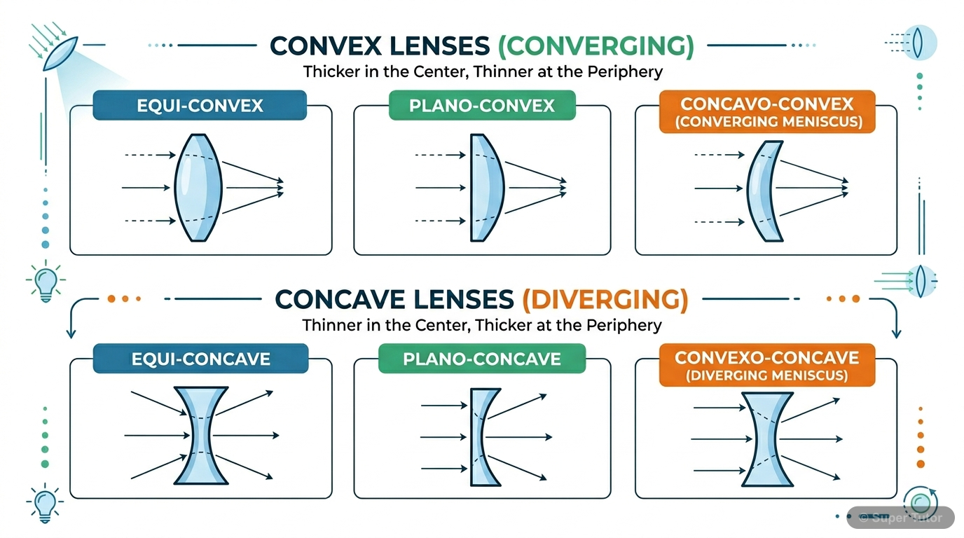 An illustration showing the different types of convex lenses (equi-convex, plano-convex, concavo-convex) and concave lenses (equi-concave, plano-concave, convexo-concave), highlighting their shapes an