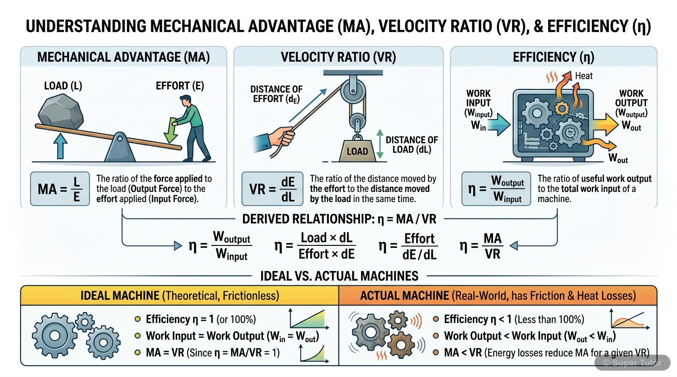 An infographic illustrating the definitions and relationships between Mechanical Advantage (MA), Velocity Ratio (VR), and Efficiency (η) for machines, including their formulas and how they relate to i
