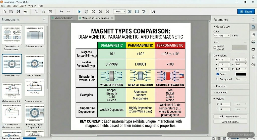 A comparison chart (table-like infographic) summarizing the key properties of diamagnetic, paramagnetic, and ferromagnetic materials, including their magnetic susceptibility, relative permeability, be