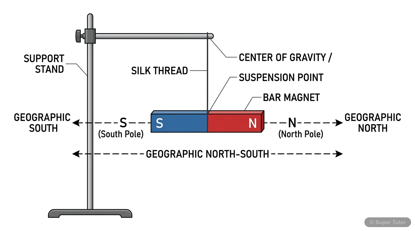 A diagram showing a bar magnet suspended by a silk thread, aligning itself with the geographic north-south direction. The north pole of the magnet points towards geographic north, and the south pole t