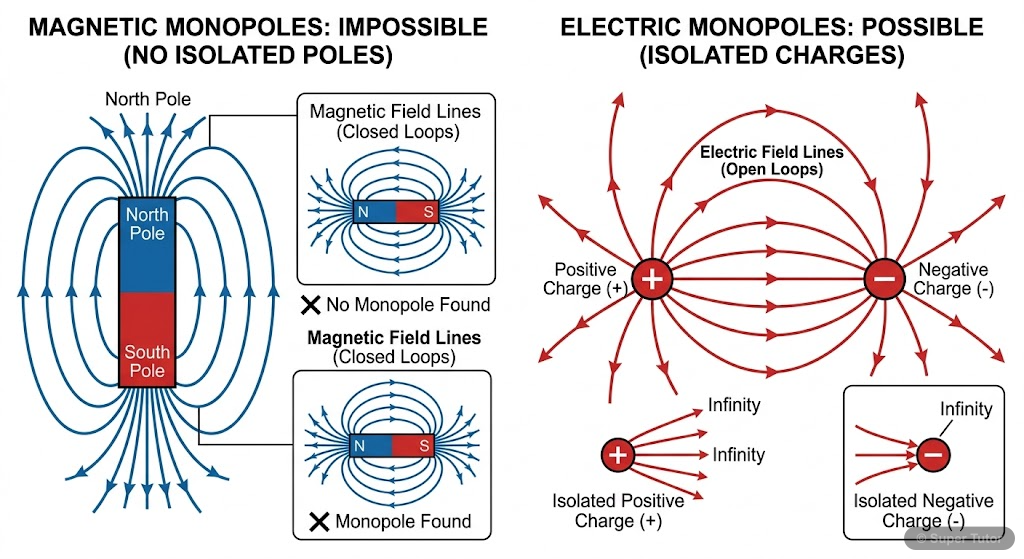 A comparative diagram illustrating the non-existence of isolated magnetic monopoles (magnetic field lines always form closed loops) versus the existence of electric monopoles (electric field lines can