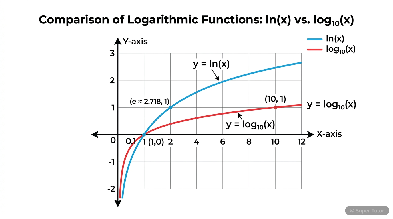 A graph comparing the shapes of natural logarithm (ln x) and common logarithm (log10 x) functions, showing their general behavior and common intercept at (1,0).