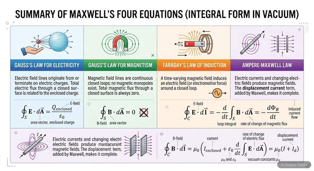 Maxwell's Equations in Vacuum An infographic summarizing the four Maxwell's equations (Gauss's Law for electricity, Gauss's Law for magnetism, Faraday's Law, and Ampere-Maxwell Law) in their integral form for vacuum, along with th