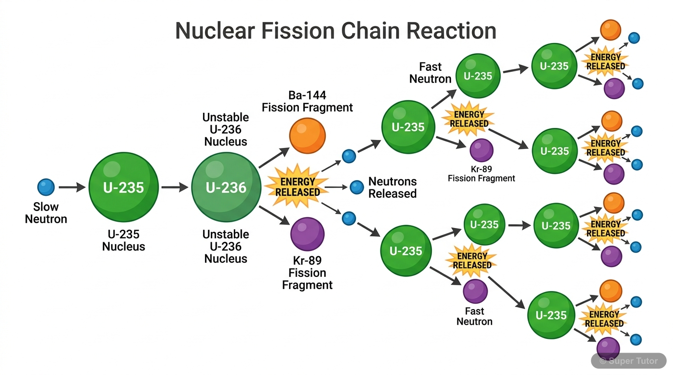 Nuclear Fission Chain Reaction A step-by-step diagram illustrating the process of nuclear fission, specifically a chain reaction initiated by a neutron striking a Uranium-235 nucleus, leading to the release of energy and more neutr