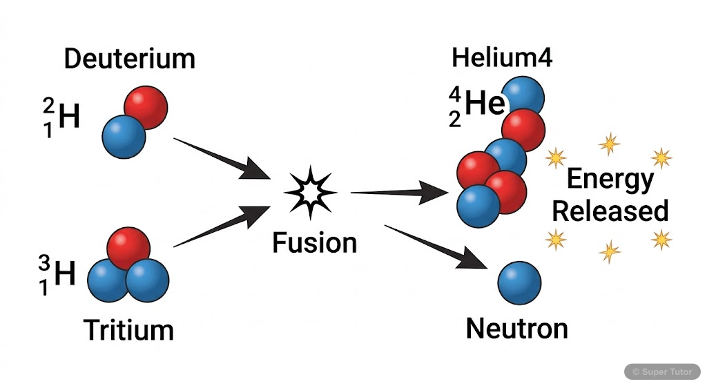 A diagram illustrating the nuclear fusion process, where two light nuclei combine under extreme conditions to form a heavier, more stable nucleus, releasing a large amount of energy.