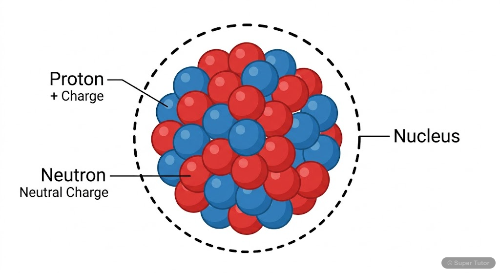 Composition of a Nucleus A diagram showing a nucleus composed of positively charged protons and neutral neutrons, collectively called nucleons.