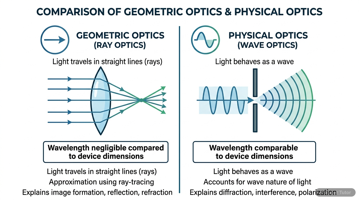 An infographic comparing geometric optics and physical optics, highlighting their domains of application based on the wavelength of light relative to device dimensions.