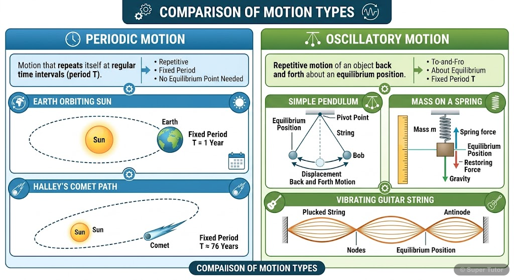 A comparison chart distinguishing between periodic motion and oscillatory motion, providing clear definitions and examples for each category. Examples for periodic motion could include Earth's rotatio