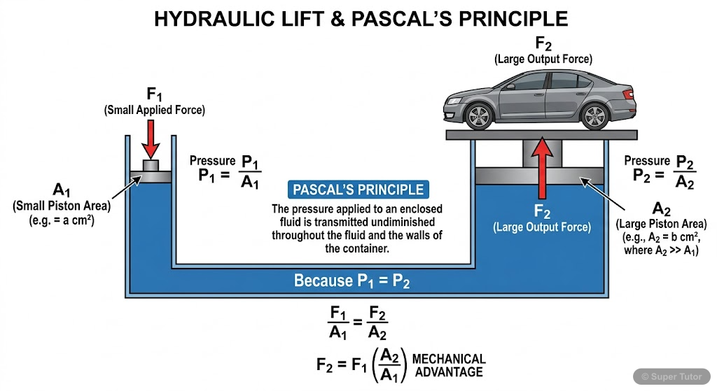 A labeled diagram explaining Pascal's Law and its application in a hydraulic lift, showing how a small force applied to a small piston can generate a large force on a larger piston.