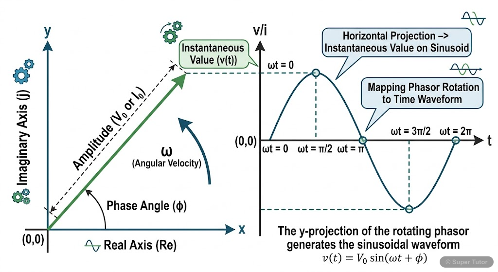 A diagram explaining the concept of a phasor as a rotating vector that represents a sinusoidal AC quantity (like voltage or current) by its length (amplitude) and its angle (phase) relative to a refer