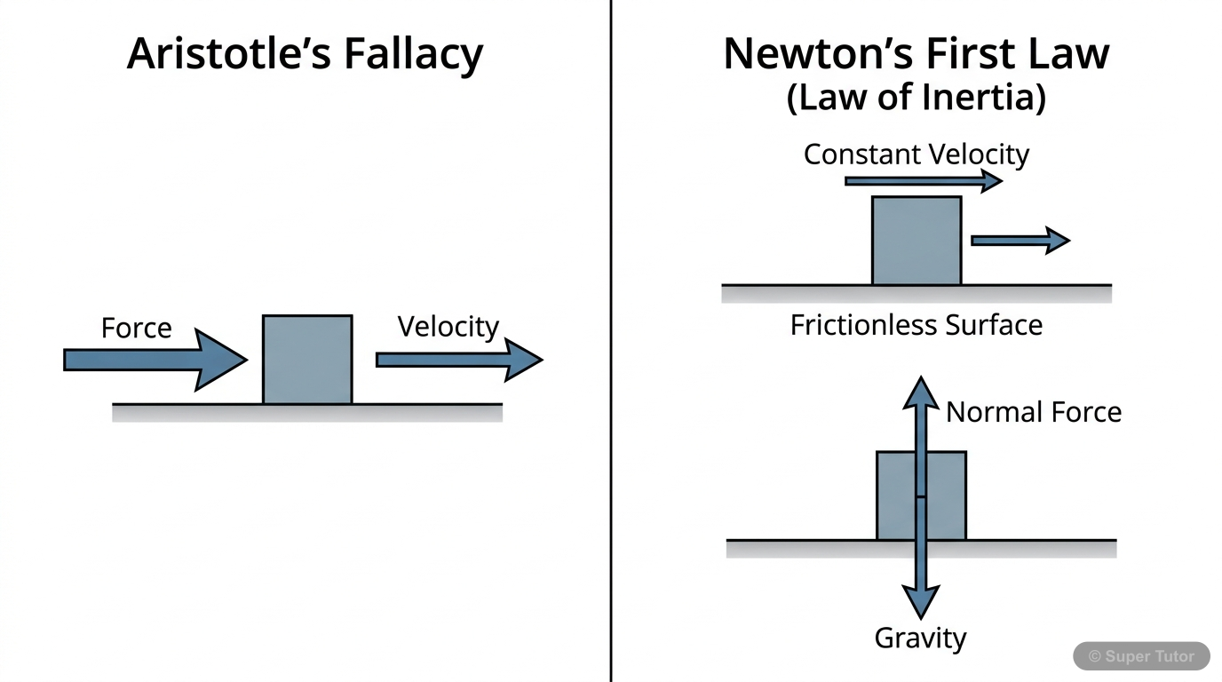Aristotle's Fallacy vs. Newton's First Law A comparison illustrating Aristotle's incorrect idea that a continuous external force is needed to maintain uniform motion, contrasted with Newton's First Law which states that an object in uniform mo